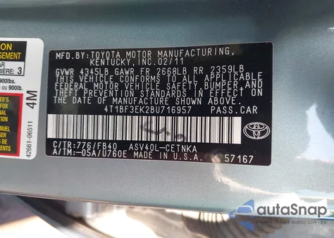 2011 Toyota Camry Le z USA, uszkodzony, nr VIN 4T1BF3EK2BU716957